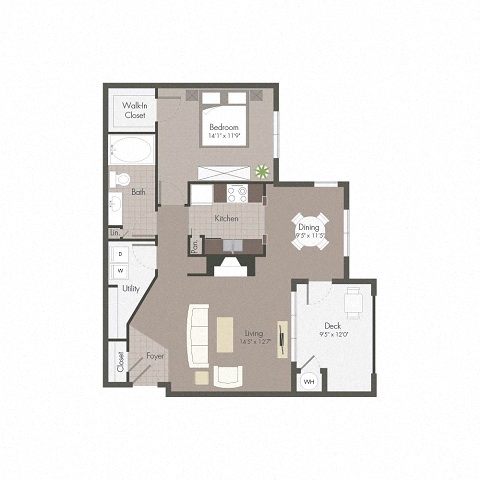 Floor plan for 1 bed, 1 bath, 840 sqft